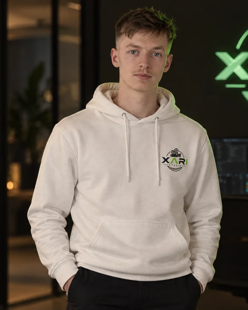 Rene, Gründer von XARI Studio, im Studio vor dem leuchtenden XARI-Logo
